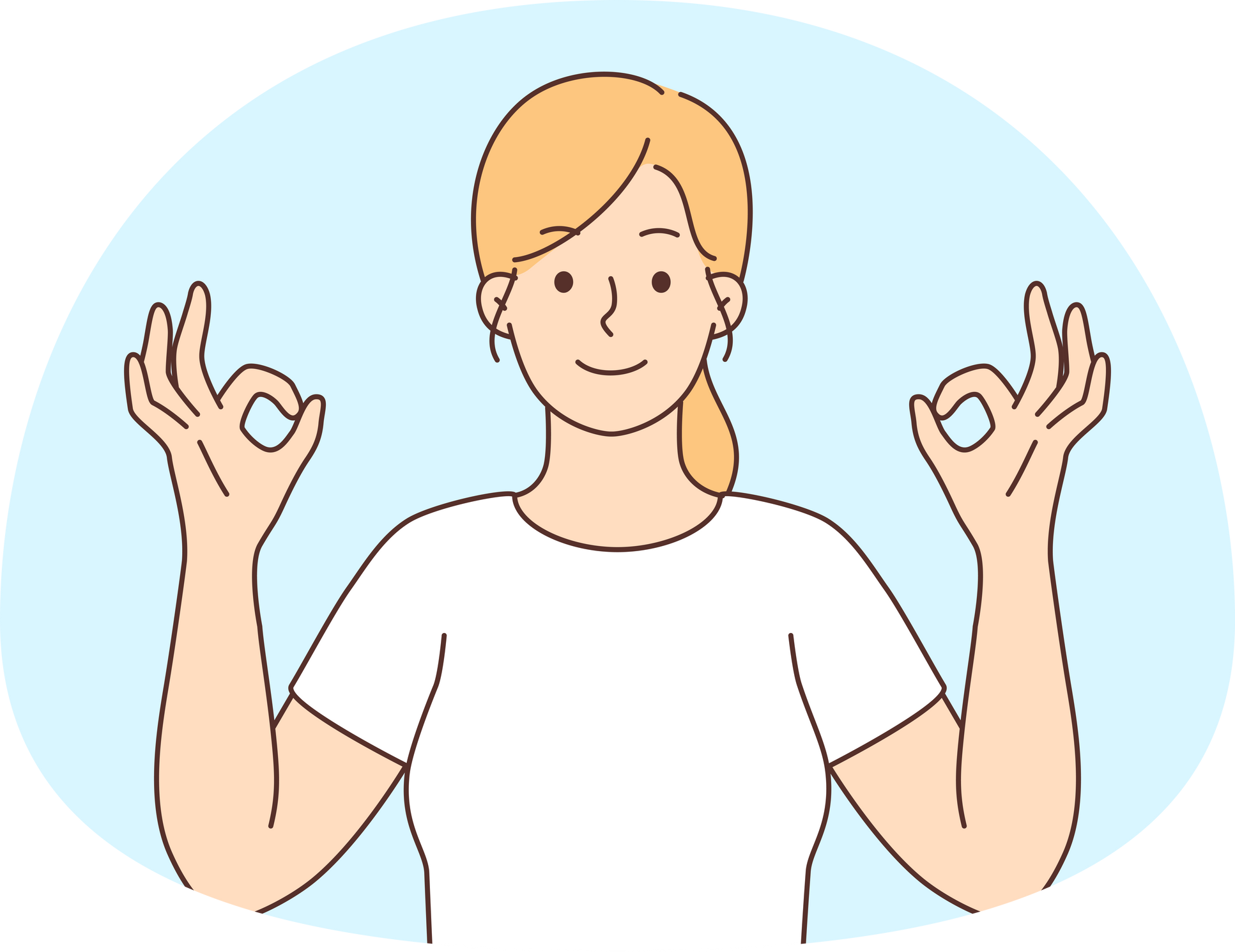 Smiling woman with mudra hands meditating